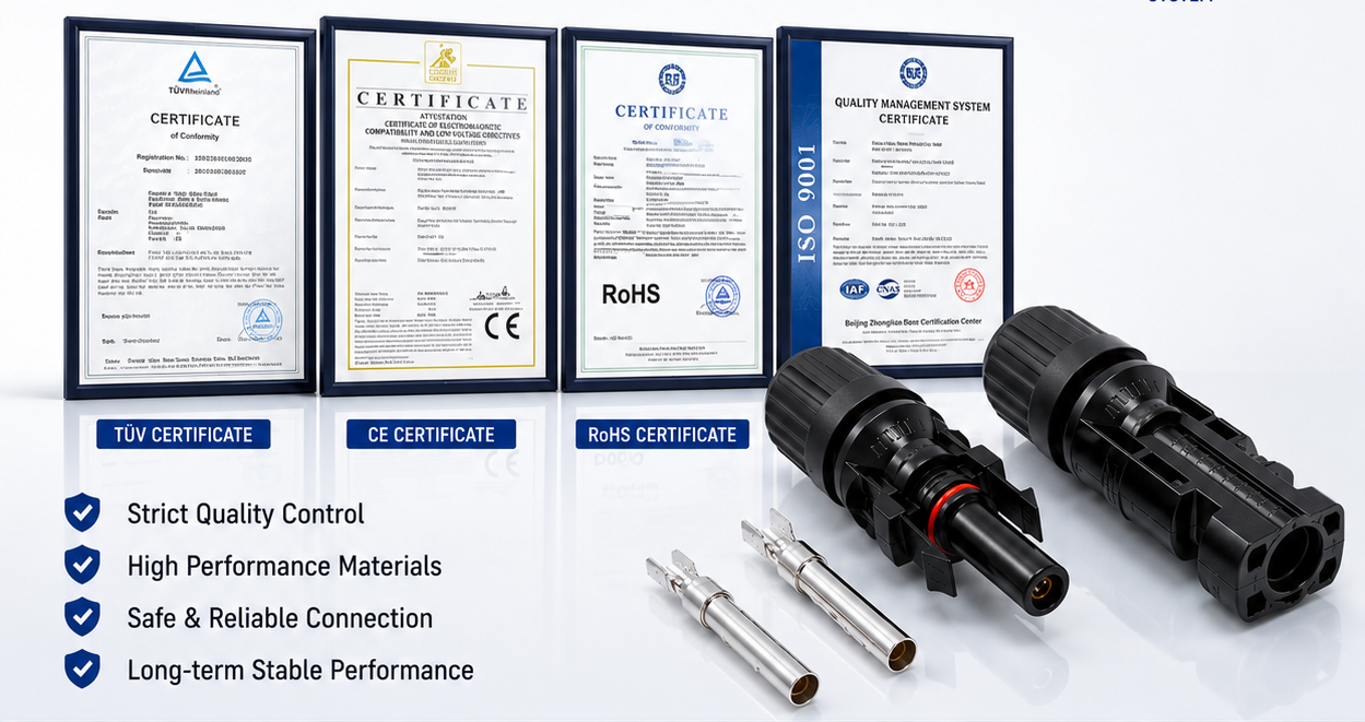 PV-FT-04 MC4 solar connector certification references with TUV CE RoHS and ISO 9001 quality signals