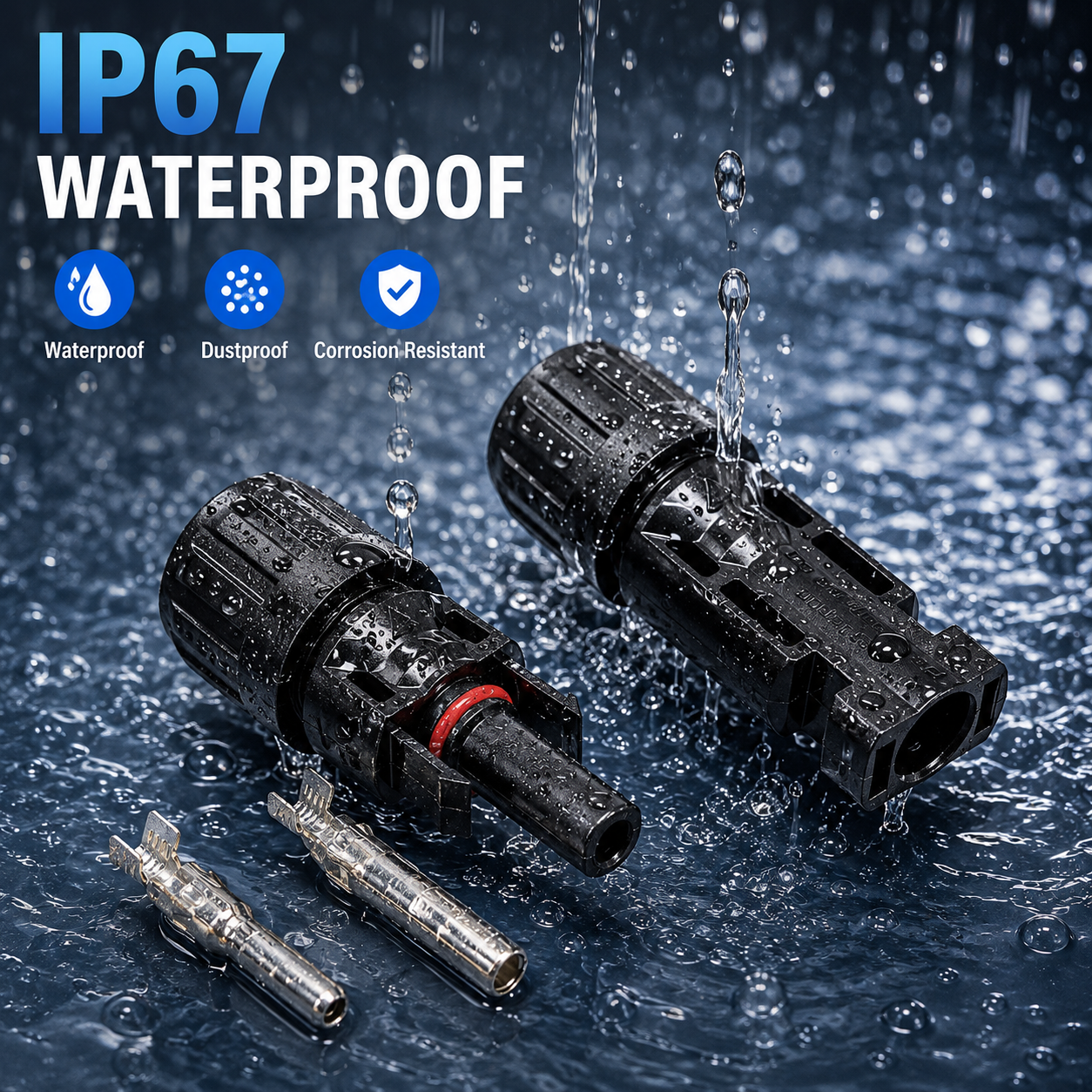 IP67 mated photovoltaic connector reference for outdoor solar cable wiring in humid dusty and high-temperature regions